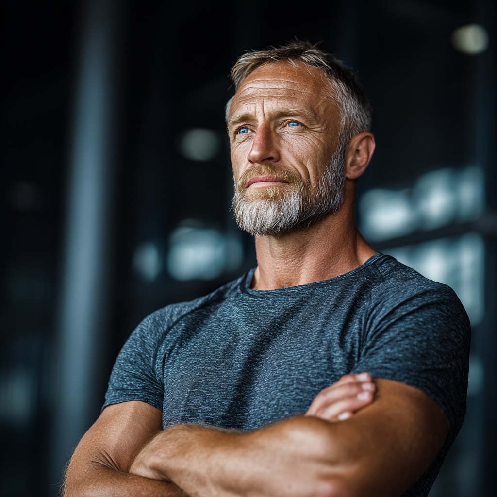 Determined middle-aged man looking forward with confidence and strength
