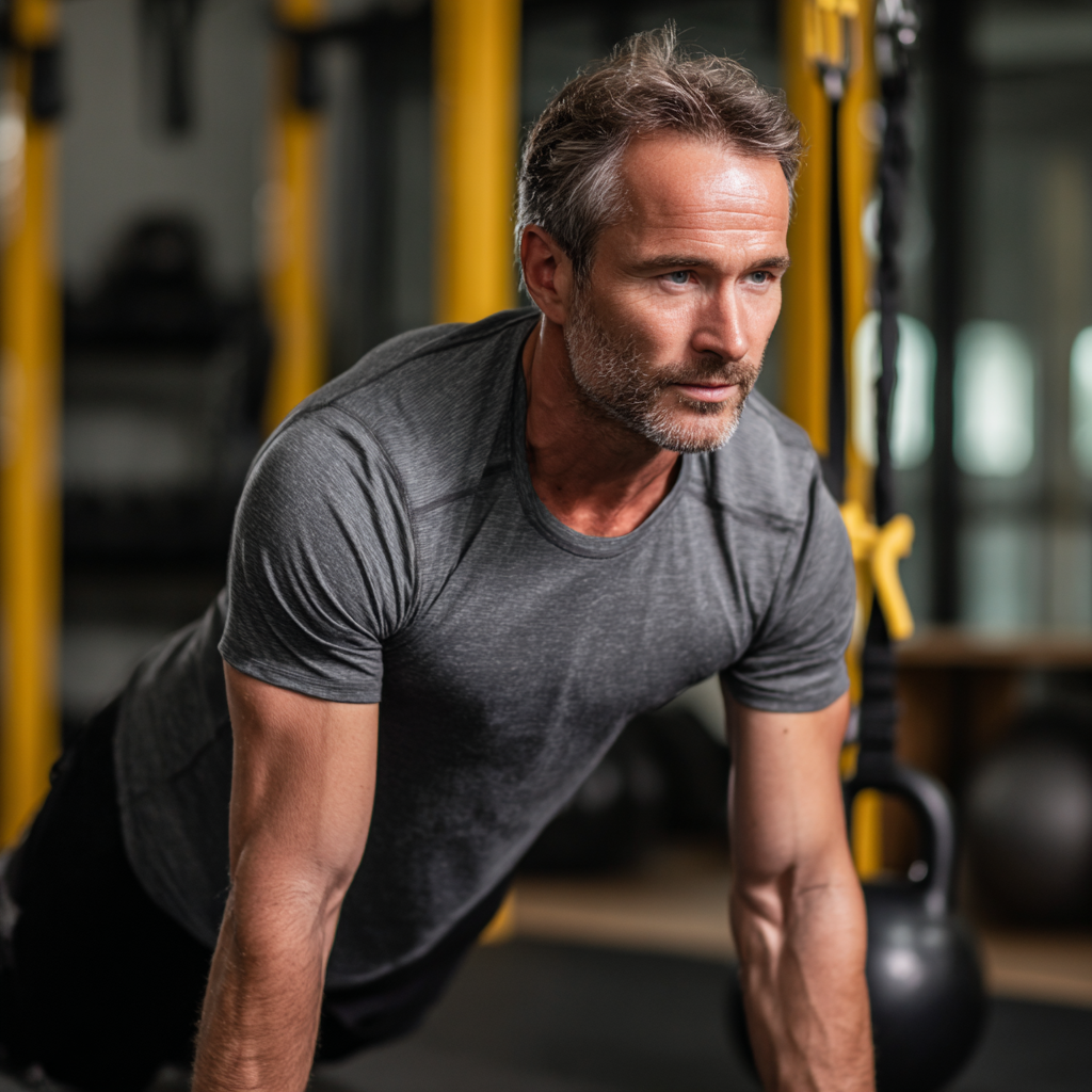 Middle-aged man performing functional strength training in modern gym setting